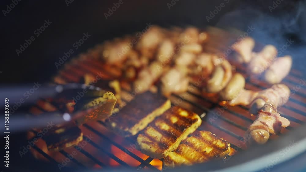 A person is grilling various meats and vegetables, including hot dogs, sausages, and bacon. The grill is hot and the food is cooking, creating a delicious aroma A person is grilling various meats and vegetables, including hot dogs, sausages, and bacon. The grill is hot and the food is cooking, creating a delicious aroma