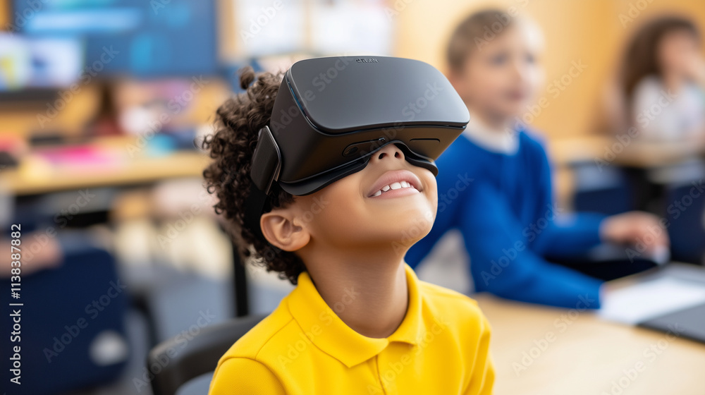 Fototapeta premium AI-Powered Virtual Reality Learning for Student A young student in a classroom, wearing a VR headset and interacting with a virtual world driven by artificial intelligence. The cla