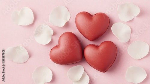 Heart-Shaped Macarons with White Flower Petals on Pastel Pink Background