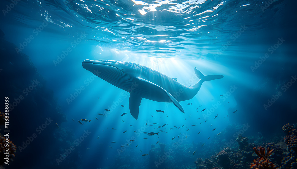 Fototapeta premium Majestic Whale and Coral Reefs Under Beaming Sunlight