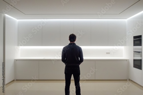 Person working on a custom-built cabinet in a minimalist kitchen, natural light, soft shadowing, cozy and inviting feel