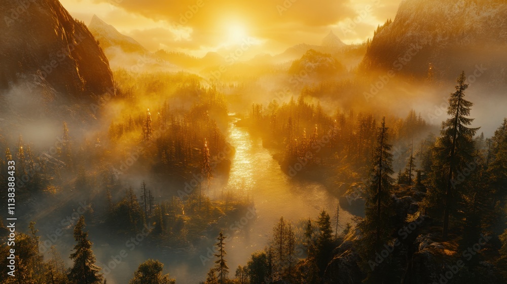 Fototapeta premium Panoramic aerial view of a pine forest in a foggy river valley at sunrise, with warm sunlight streaming through.