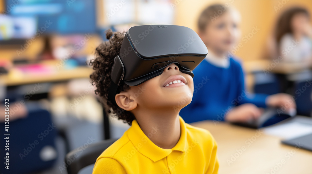 AI-Powered Virtual Reality Learning for Student A young student in a classroom, wearing a VR headset and interacting with a virtual world driven by artificial intelligence. The cla AI-Powered Virtual Reality Learning for Student A young student in a classroom, wearing a VR headset and interacting with a virtual world driven by artificial intelligence. The cla