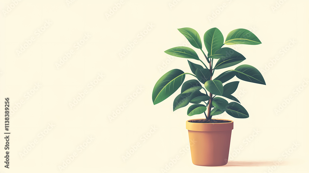 Obraz premium A ficus plant growing in a pot with green leaves, isolated on a plain background, showing houseplant and nature decoration. Isolated. Illustration