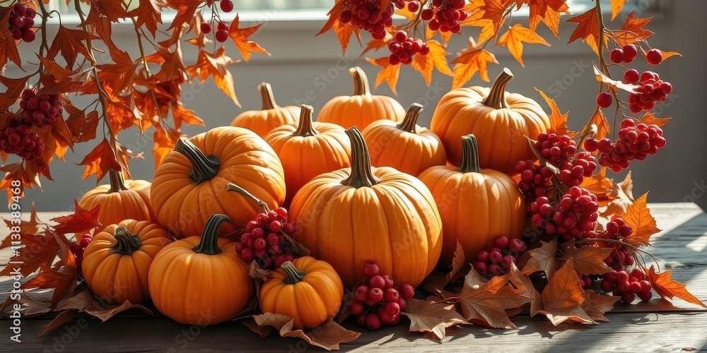 A Bountiful Autumn Harvest Displayed with Pumpkins and Vibrant Red Berries Nestled Among Golden Autumn Leaves A Bountiful Autumn Harvest Displayed with Pumpkins and Vibrant Red Berries Nestled Among Golden Autumn Leaves