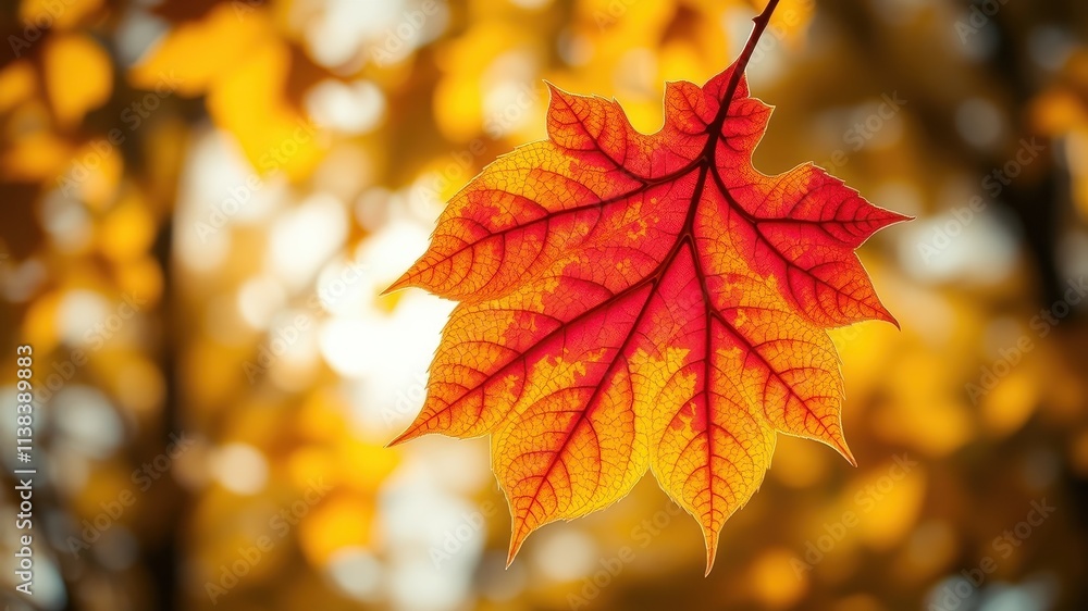 A single red and orange autumn leaf hangs in front of a blurred background of gold foliage. A single red and orange autumn leaf hangs in front of a blurred background of gold foliage.