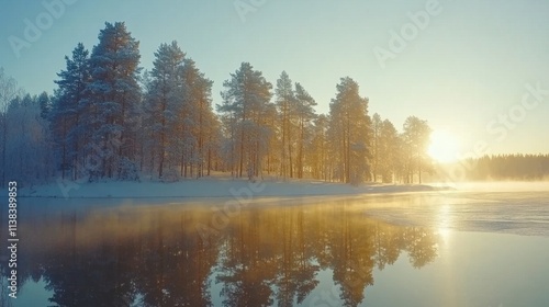 Panoramic view of a serene forest lake at sunrise in Finland, soft golden sunlight, clear blue sky, fog, frost, and reflections on water.