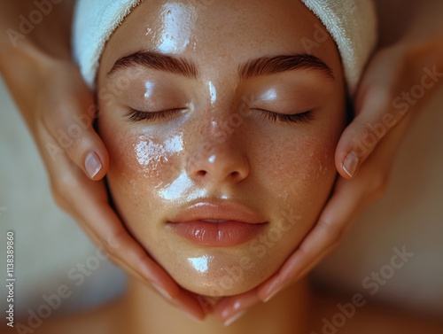 Young woman relaxing during a facial moisturizing gel mask treatment at the spa