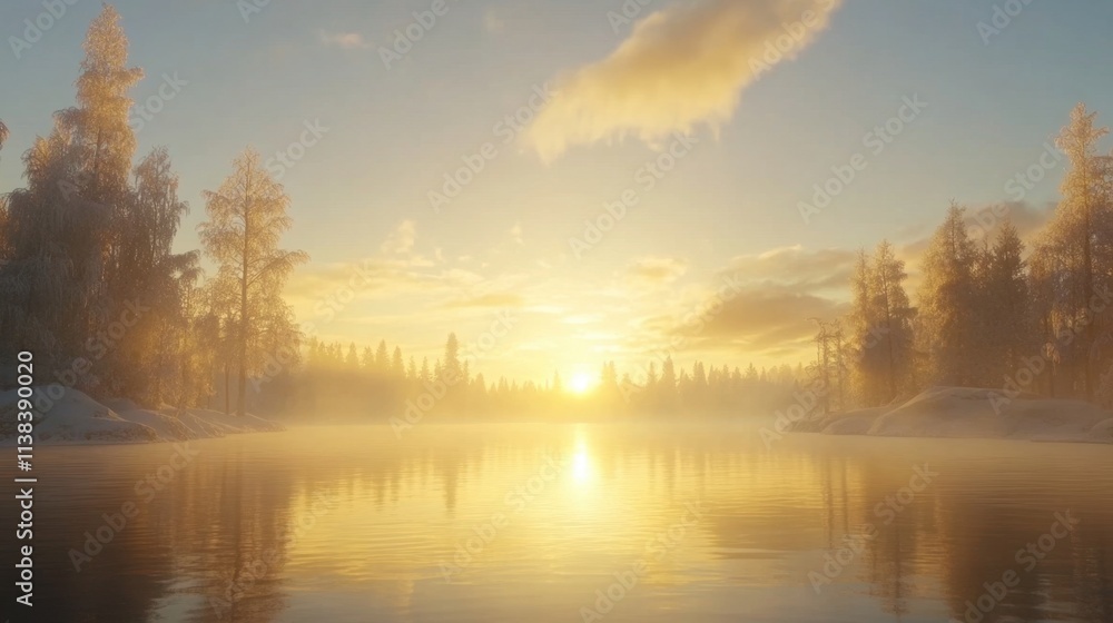 Fototapeta premium Panoramic view of a serene forest lake at sunrise in Finland, soft golden sunlight, clear blue sky, fog, frost, and reflections on water.