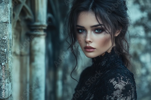 Young woman with dark hair and makeup wearing a black lace dress, posing near a stone wall