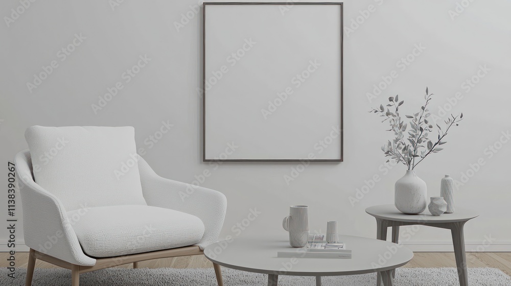 Modern living room setup with a chic white armchair, simple coffee table, and a slanted 3D mockup poster frame to boost advertising presence. Modern living room setup with a chic white armchair, simple coffee table, and a slanted 3D mockup poster frame to boost advertising presence.
