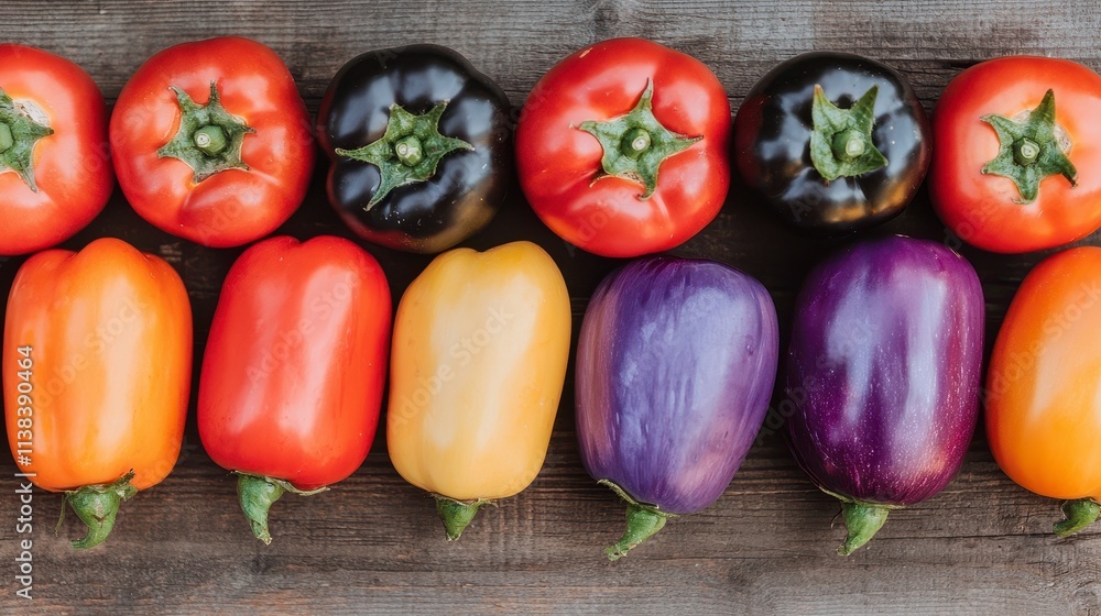 Colorful Peppers and Eggplants on Wooden Surface Colorful Peppers and Eggplants on Wooden Surface