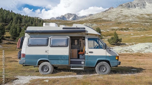 Panoramic view of the French Alps, a mountaintop road trip with an RV and outdoor camping gear perfectly set up.