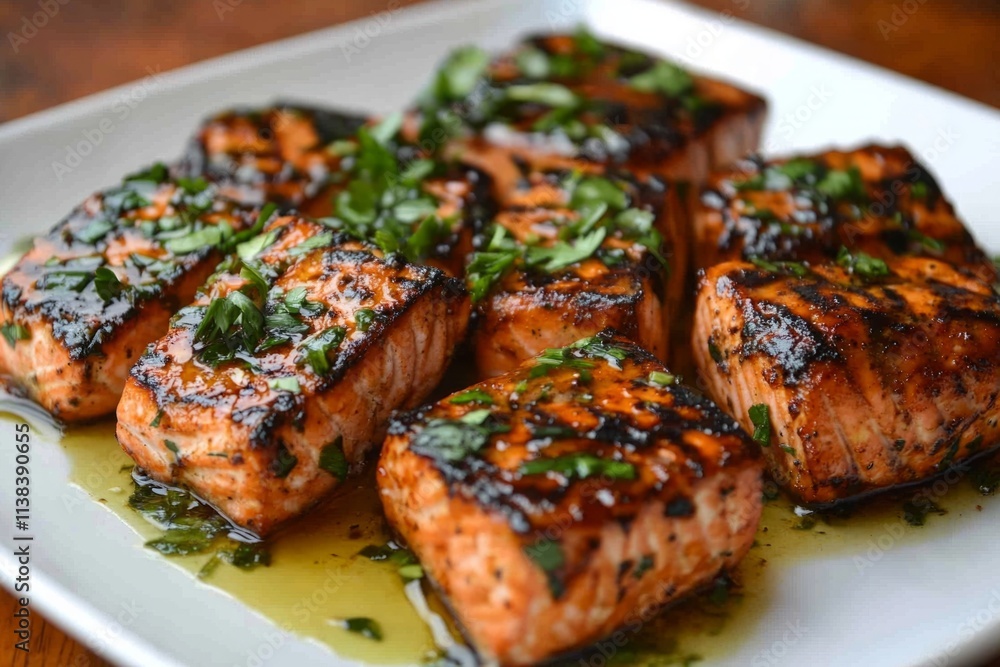 Grilled salmon fillets seasoned with fresh herbs and olive oil, creating a flavorful and healthy meal Grilled salmon fillets seasoned with fresh herbs and olive oil, creating a flavorful and healthy meal