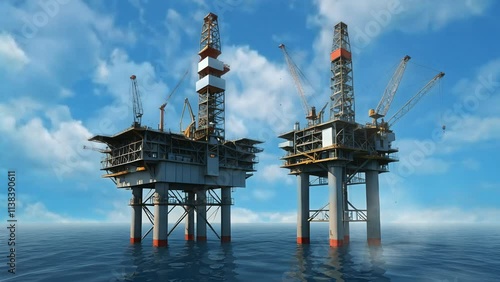 Twin oil platforms with cranes on open sea seamless looping 4k time-lapse animation video background