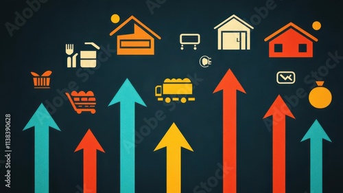 An infographic style representation of inflation trends, with arrows rising and icons of food, housing, and transportation
