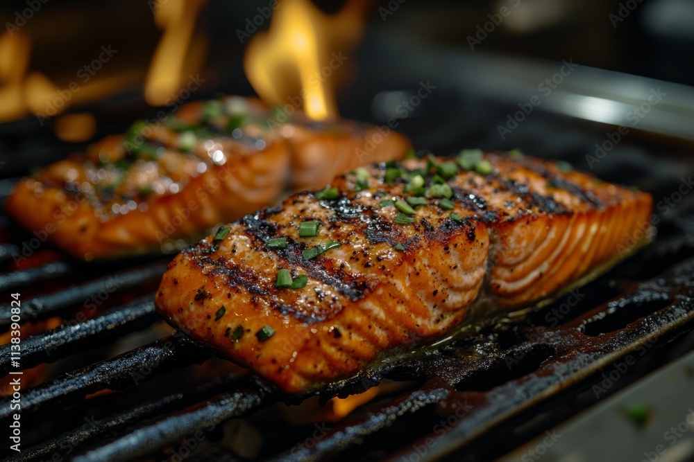 Salmon fillets cooking on a hot barbecue grill, seasoned with herbs and spices Salmon fillets cooking on a hot barbecue grill, seasoned with herbs and spices