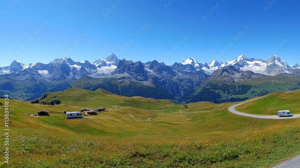 Panoramic view of the French Alps from a mountaintop, motorhome parked beside a road, a perfect escape into nature.
