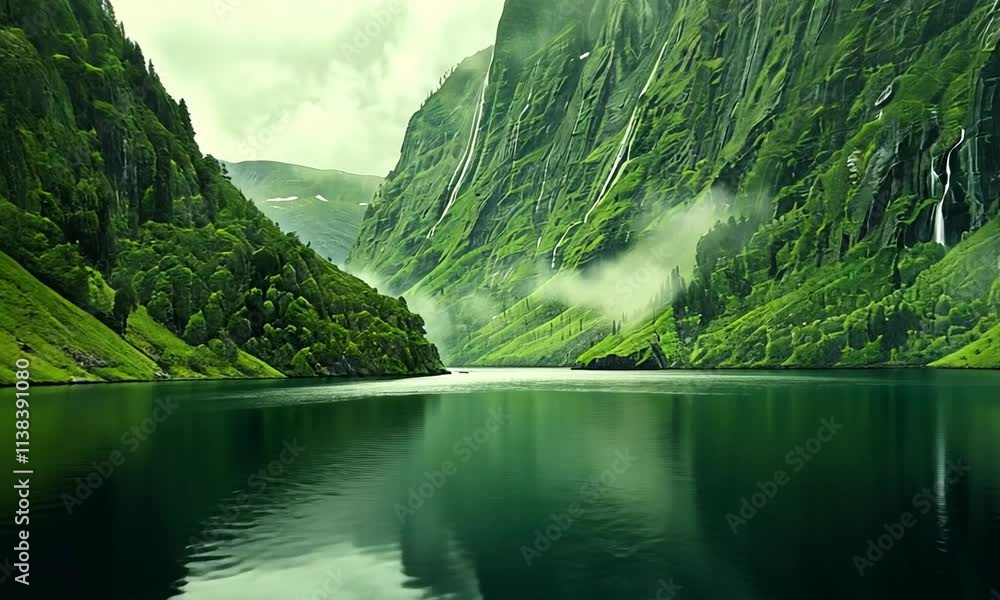 Serene Fjord Landscape: Misty Green Mountains and Still Waters