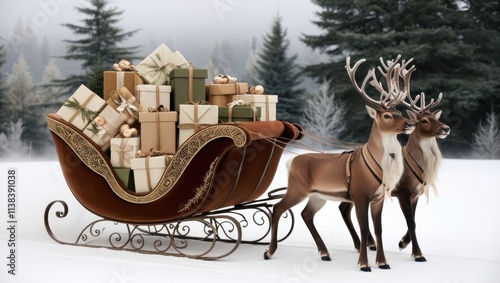 Holiday sleigh filled with gifts pulled by reindeer in a snowy landscape surrounded by evergreen trees photo