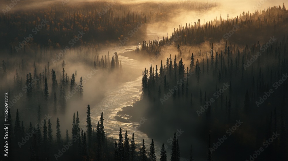 Pine forest and river valley covered in mysterious fog at sunrise, a mesmerizing and detailed aerial view. Pine forest and river valley covered in mysterious fog at sunrise, a mesmerizing and detailed aerial view.