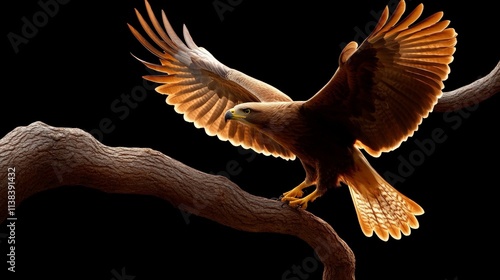 Golden Eagle Soaring: A majestic golden eagle perched on a weathered branch, wings spread in preparation for flight, with a dark background that accentuates its powerful silhouette. photo