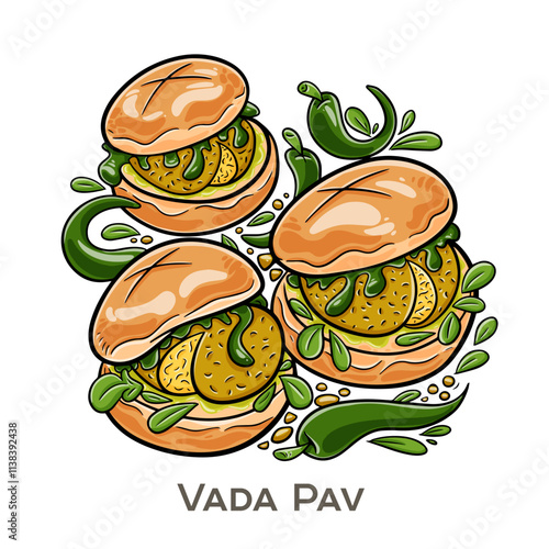 Vada Pav is a popular street food from Mumbai, consisting of a spicy potato fritter (vada) served inside a soft bread roll (pav), often accompanied by tangy and spicy chutneys.