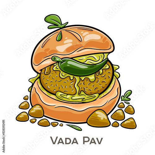 Vada Pav is a popular street food from Mumbai, consisting of a spicy potato fritter (vada) served inside a soft bread roll (pav), often accompanied by tangy and spicy chutneys.