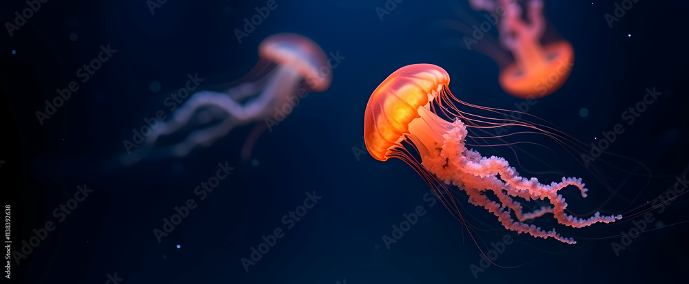 Fototapeta premium Mesmerizing orange jellyfish gracefully floats in the deep blue ocean, its tentacles swaying gently. A breathtaking underwater spectacle!
