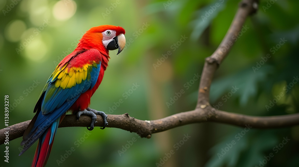 Vibrant Scarlet Macaw perched gracefully on a branch, showcasing its magnificent plumage against a lush green backdrop. A stunning display of nature's artistry! Vibrant Scarlet Macaw perched gracefully on a branch, showcasing its magnificent plumage against a lush green backdrop. A stunning display of nature's artistry!