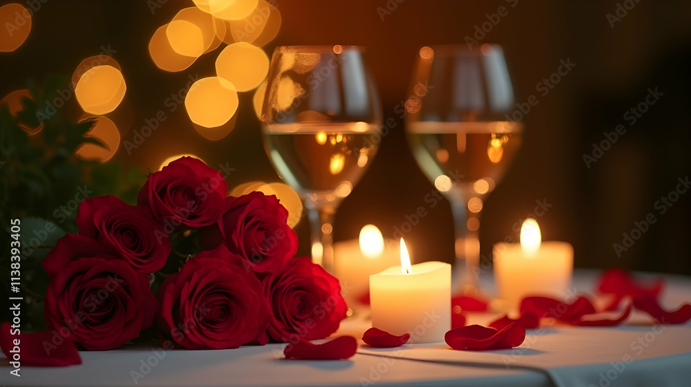 Candlelight, roses, and wine: a perfect romantic dinner setting. Feel the love and intimacy in the air. Candlelight, roses, and wine: a perfect romantic dinner setting. Feel the love and intimacy in the air.