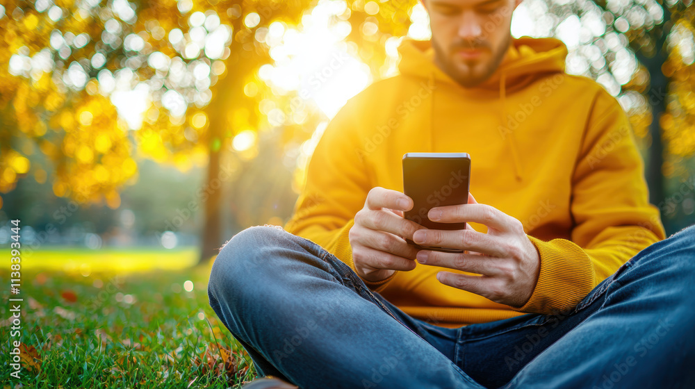 person using smartphone outdoors in sunny park setting person using smartphone outdoors in sunny park setting