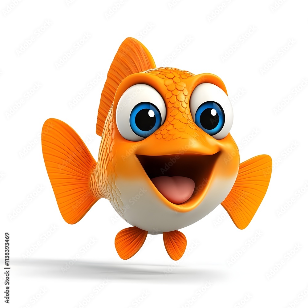 Cheerful Cartoon Fish with Big Eyes and Bright Orange Color, Jumping Joyfully in an Underwater Scene, Ideal for Kids' Designs and Educational Materials Cheerful Cartoon Fish with Big Eyes and Bright Orange Color, Jumping Joyfully in an Underwater Scene, Ideal for Kids' Designs and Educational Materials