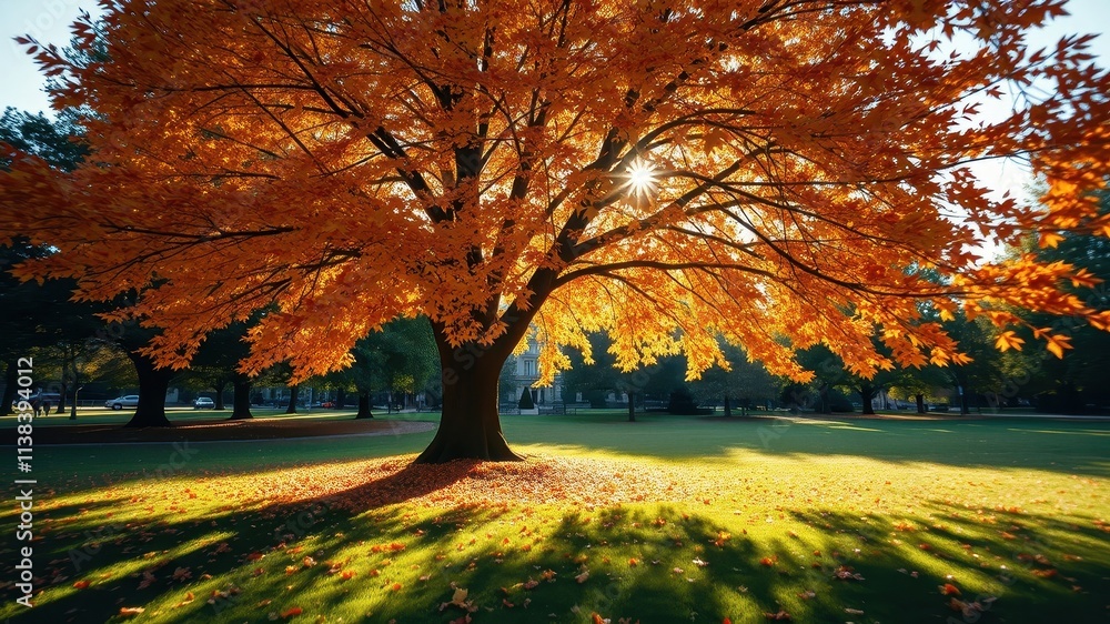 Fototapeta premium A golden autumnal tree stands proudly in a lush green park, bathed in the warm glow of the setting sun, its leaves casting delicate shadows on the grass below.