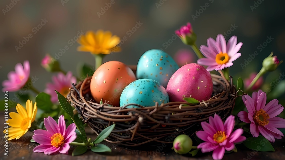 Easter decorative eggs placed in a nest surrounded by flowers Easter decorative eggs placed in a nest surrounded by flowers
