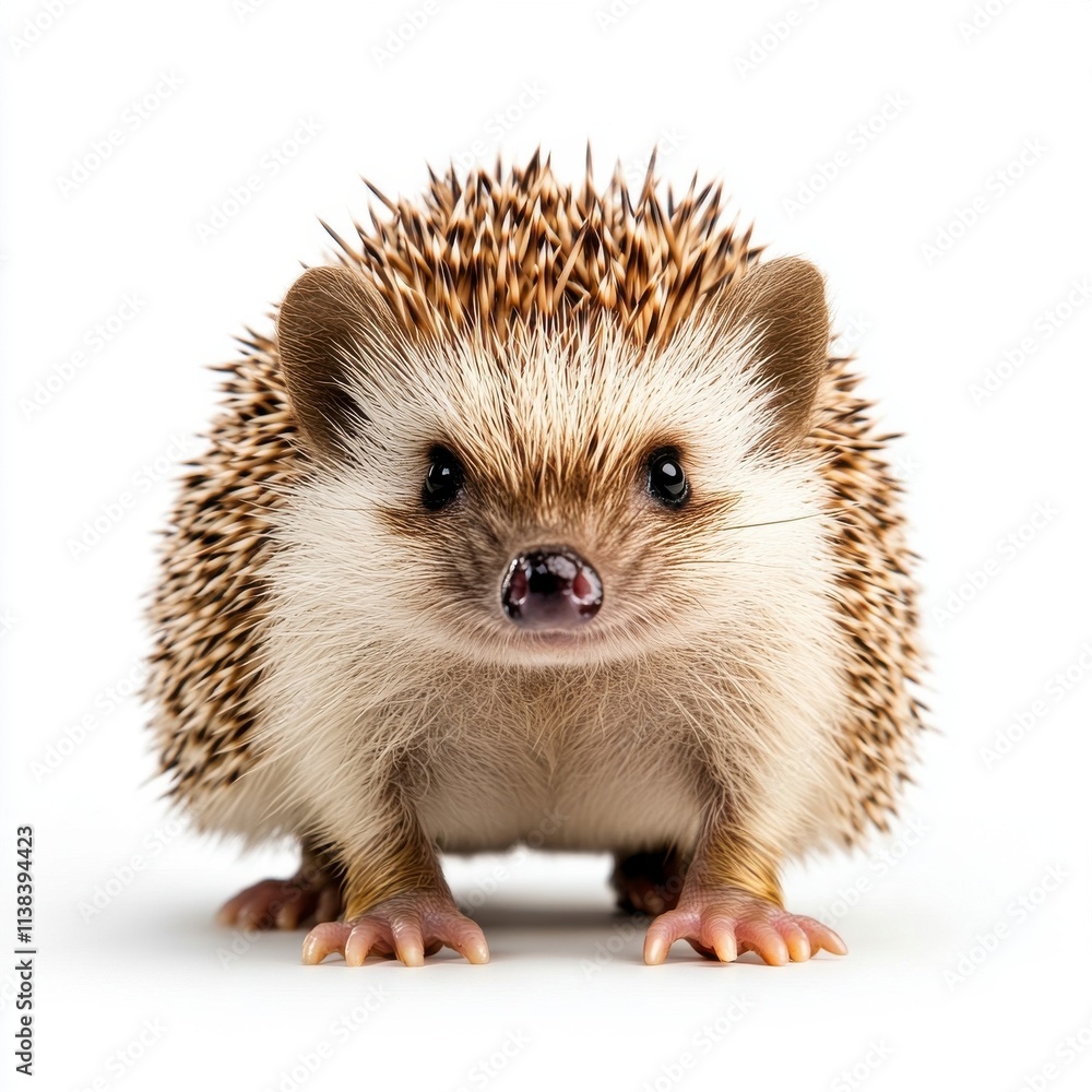 Obraz premium Adorable and Curious Hedgehog Captured Against a Clean White Background, Showcasing Its Quirky Features and Unique Textured Spines, Perfect for Pet Lovers and Nature Enthusiasts