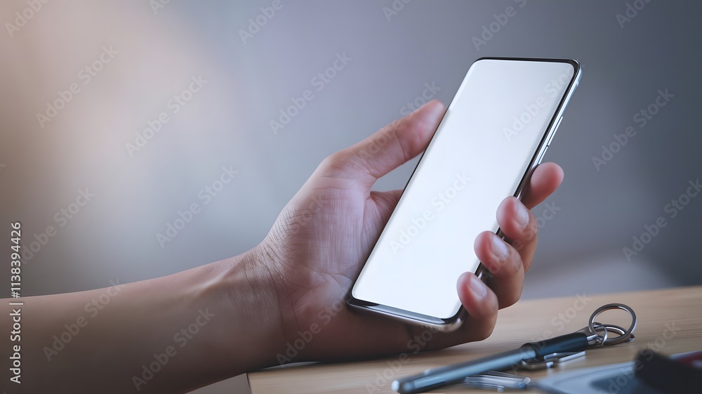 Realistic Hand Holding Phone with White Display for Mockup Designs Realistic Hand Holding Phone with White Display for Mockup Designs