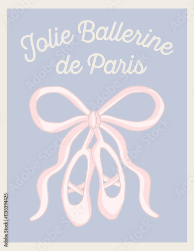 Retro Print with French Slogan”JOLIE BALLERINE DE PARIS ''English meaning is “ PRETTY BALLERINA OF PARIS” with vintage ribbon bowed ballet shoes. Cute t-shirt print,vintage poster design