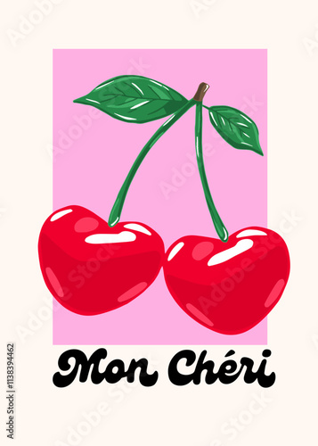 Fashion graphic prints for cherries fruit,  Fashion slogan print in French "Mon Chéri" means "My Dear" in English, cherry cool slogan print for tee. Funny cute t-shirt print,vintage poster design