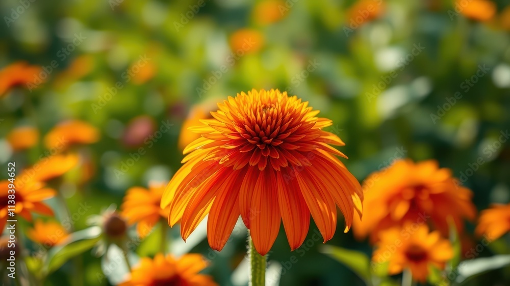 A single orange flower stands out against a background of blurred orange blooms and green foliage. A single orange flower stands out against a background of blurred orange blooms and green foliage.