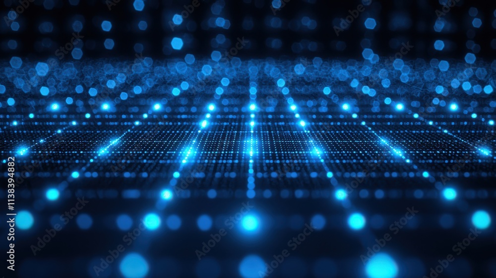 Glowing blue holographic grid visuals virtual space digital art futuristic environment wide angle technology concept Glowing blue holographic grid visuals virtual space digital art futuristic environment wide angle technology concept