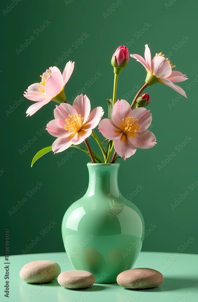 Vase with delicate flowers on a soothing green background Vase with delicate flowers on a soothing green background
