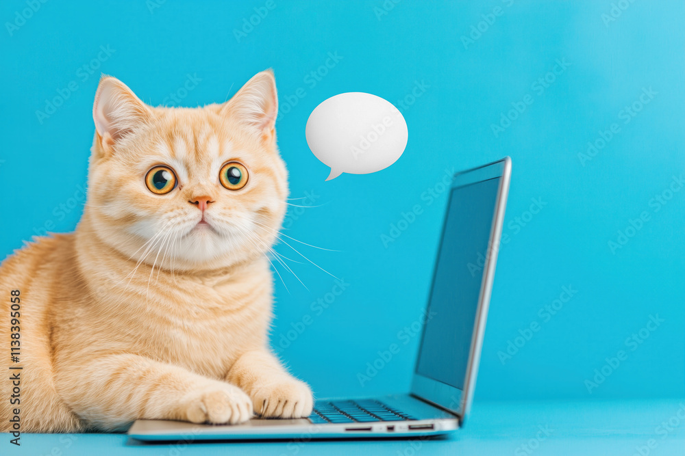 Cat curiously looking at laptop on bright blue background with speech bubble hovering above Cat curiously looking at laptop on bright blue background with speech bubble hovering above