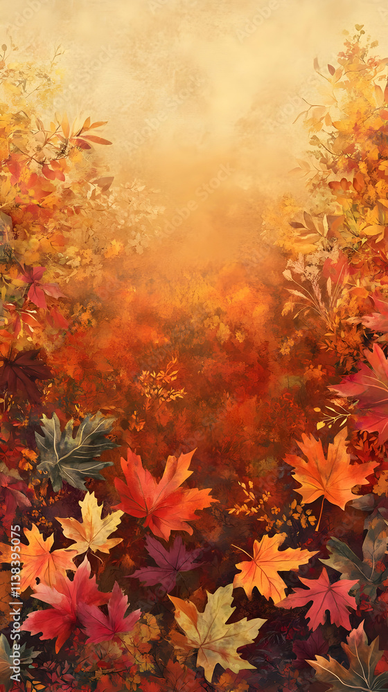 A serene autumn landscape filled with vibrant orange and yellow leaves. A serene autumn landscape filled with vibrant orange and yellow leaves.