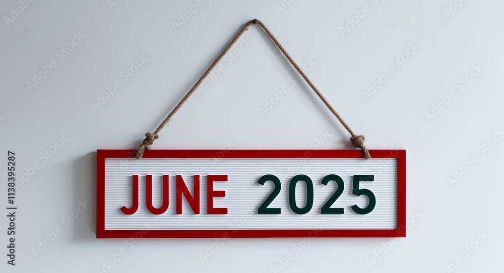 june 2025 lettering on hanging sign board on plain white background june 2025 lettering on hanging sign board on plain white background