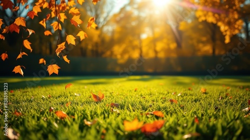 Autumn foliage falls on vibrant green grass with a blurred background of golden trees and sunshine.