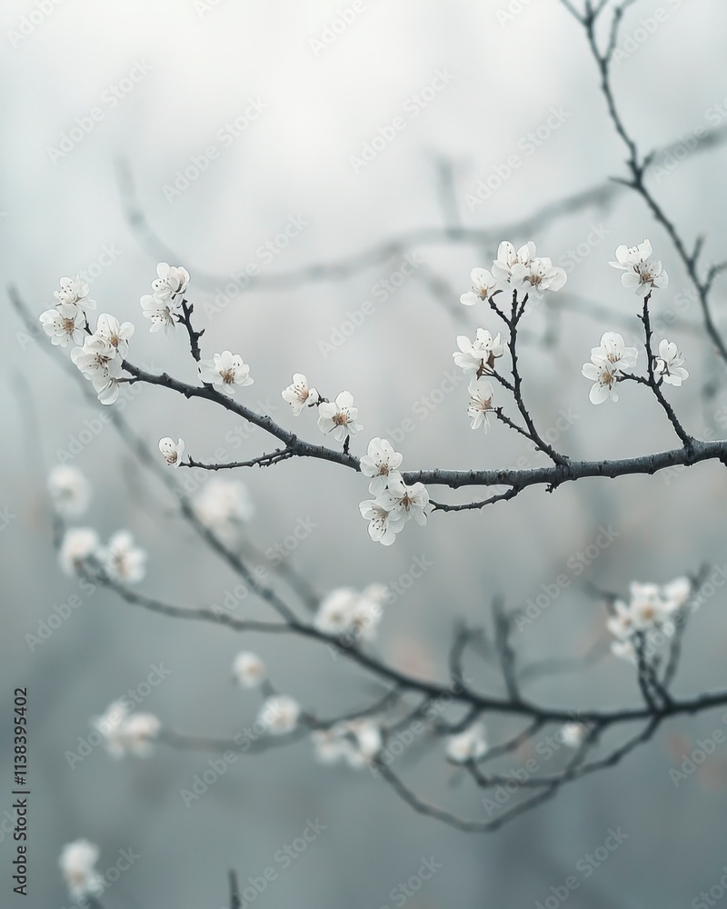 Delicate White Blossom Branches in Soft Focus Against Gray Background Delicate White Blossom Branches in Soft Focus Against Gray Background