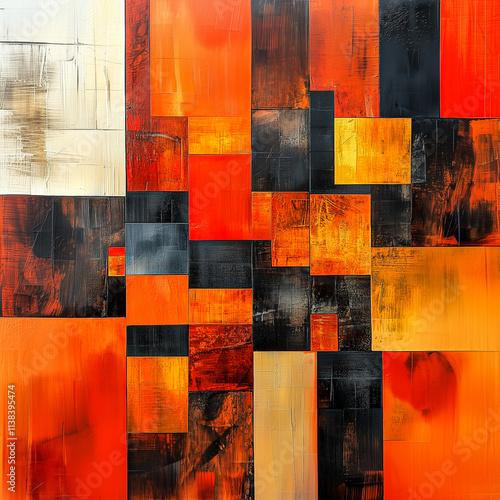 Abstract painted background of many squares in orange and black colors. Mosaic pattern of tiles of different sizes, modern minimalistic wallpaper design. Orange background, banner