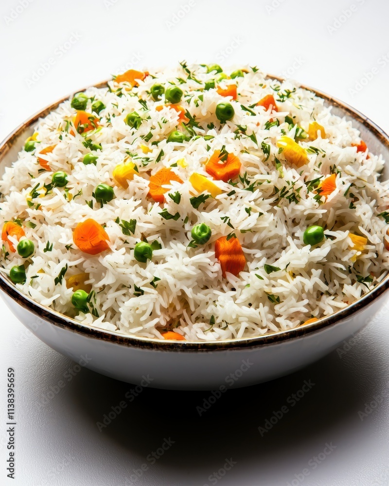 Vibrant bowl of fluffy rice with colorful vegetables kitchen setting food bright lighting healthy eating Vibrant bowl of fluffy rice with colorful vegetables kitchen setting food bright lighting healthy eating