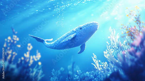 Blue Cartoon Whale Swimming Underwater in Clear Deep Blue Ocean With Light God Rays. Stylized 3d Character	 photo